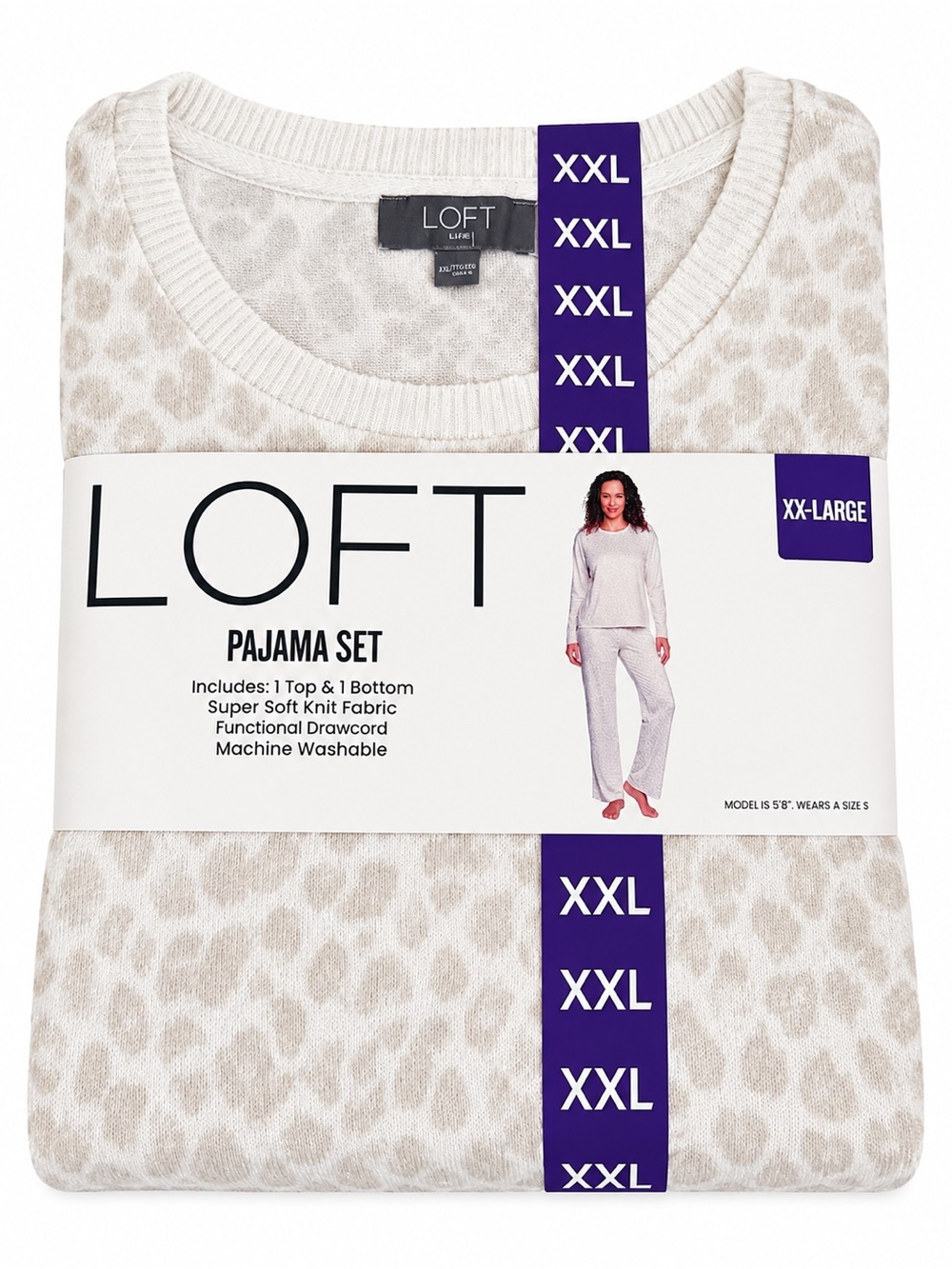 LOFT Women’s XXL Cream Leopard Print Pajama Set 2-Piece Soft Knit Long Sleeve 🆕